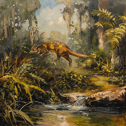 Tiger quoll leaping over creek, lush vegetation backdrop