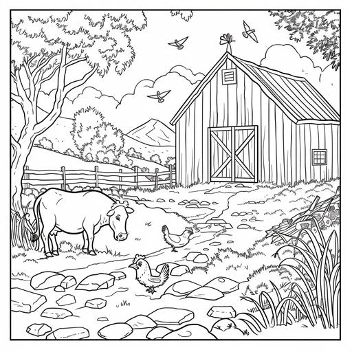 Farm scene with barn, cow, and chickens