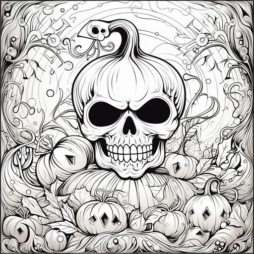 Halloween pumpkin and ornaments coloring page with black and white lines with skull pattern in the background royalty illustration, in the style of rtx on, poured, fine and detailed