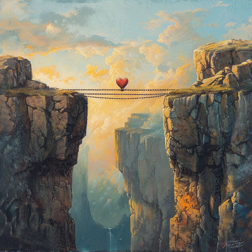 A heart-shaped lock bridging two cliffs over a chasm