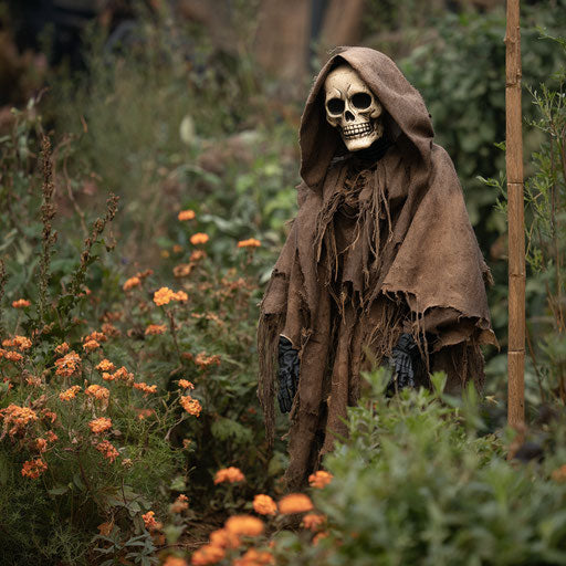 Ghoulish figure in a Halloween garden setting