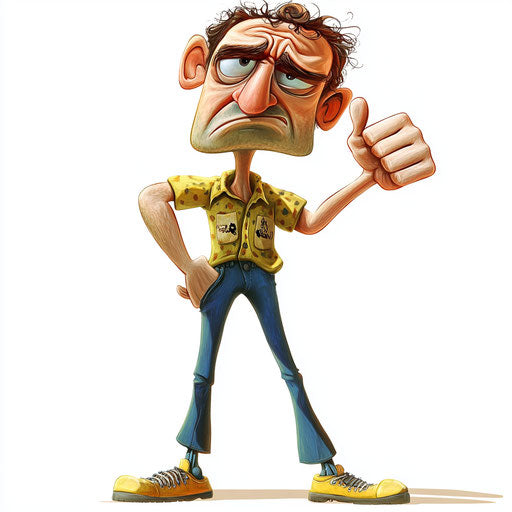 Humorous caricature of a shapes caricature clipart with human characteristics, exaggerated raised eyebrows, long legs, dramatic shadows, vibrant colors, cartoon style, thumbs down, high-resolution, no background, isolated –c 40