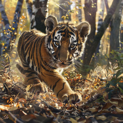Playful tiger cub exploring vibrant sunlit forest