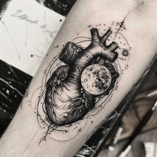 Black heart merging into abstract cosmic scene