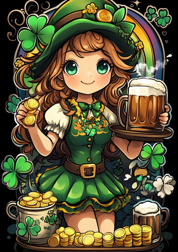 Cute leprechaun girl with gold coins and rainbow