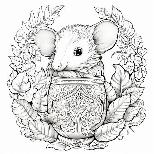 Adult coloring page with beautiful animal drawing wrapped in leaves