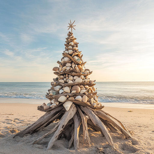 Sustainable Christmas tree on beach, made of driftwood and decorated with natural shells and sea glass