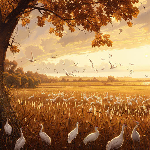 Tranquil habitat of whooping cranes during autumn migration