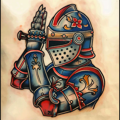 Traditional tattoo sketch of a knight saluting with his sword