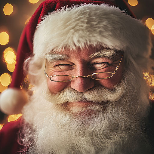 Santa Claus winking, fluffy white beard framing his face, twinkling lights in the background