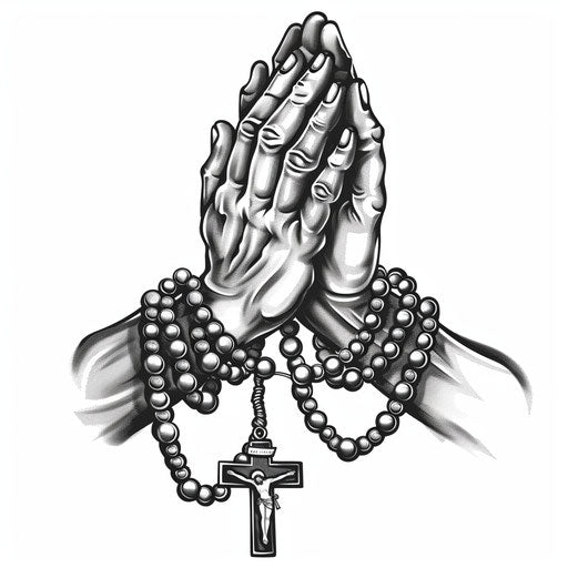 Traditional Catholic prayer hands tattoo with rosary beads