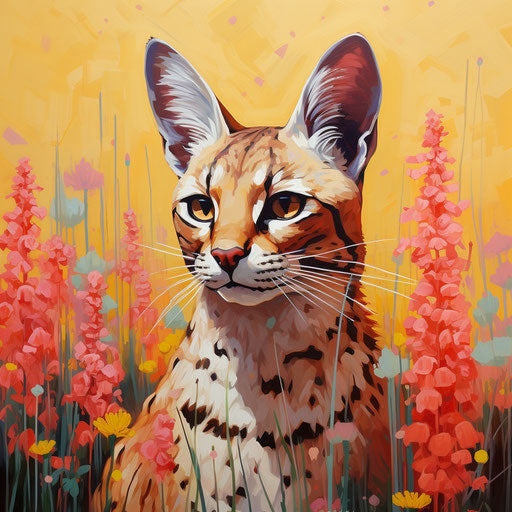 A serval cat in a field of flowers