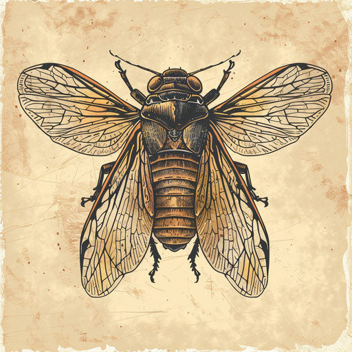 Rustic tattoo sketch of a cicada with earth tones and natural textures in a clipart style