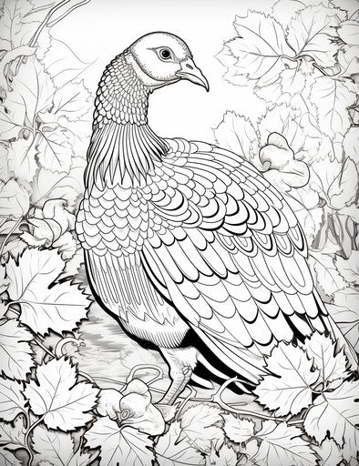 Turkey coloring page for kids, intricate engravings style