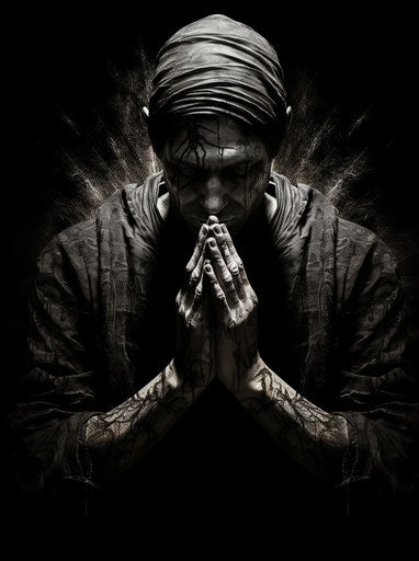 Prayer tattoo on t-shirt with black praying hands