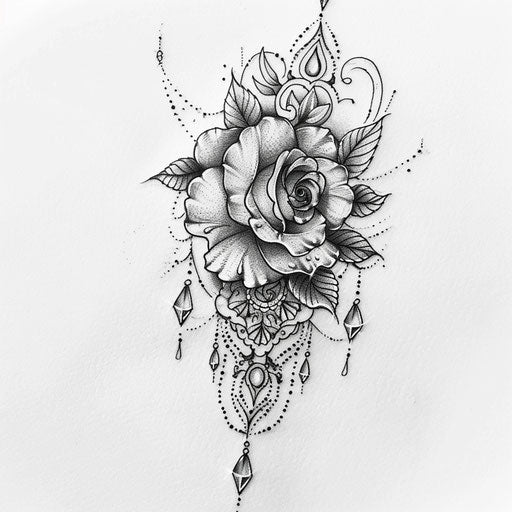 Elegant flat tattoo sketch of a gypsy rose entwined with delicate lace patterns