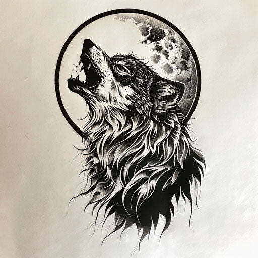 Black Tattoo Illustrating a Wolf Howling at the Moon, on White Paper
