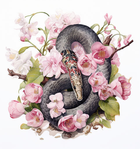 A snake with black orchids, cherry blossoms style