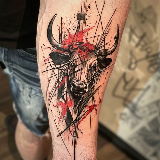 Expressive abstract bull tattoo on white canvas