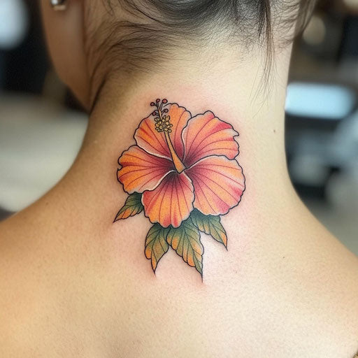 Hibiscus Flower Tattoo on Pure White Background in Peter Jackson Style on Neck