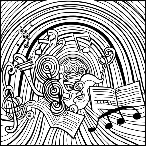 Rainbow interwoven with notes and instruments. Coloring book