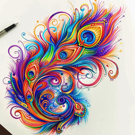 Vivid swirls: psychedelic peacock feather tattoo sketch
