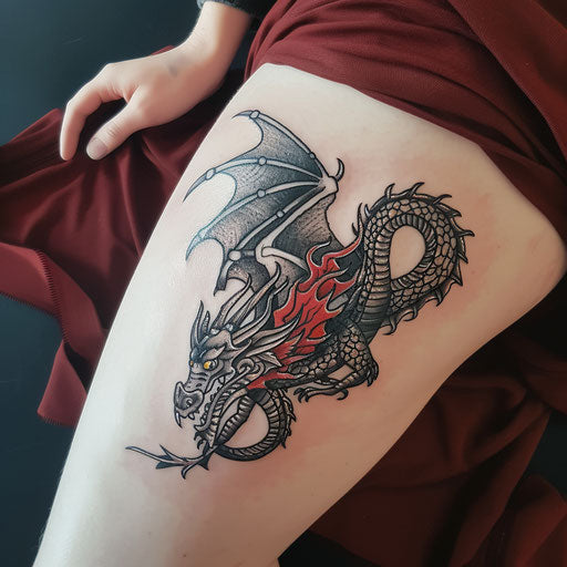 Scandinavian dragon tattoo in red and black on white canvas