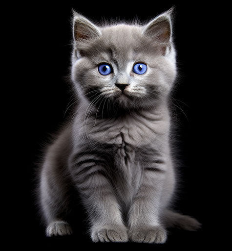 Gray kitten on white background, Mona Hatoum style, dark azure and gray, light purple and light brown