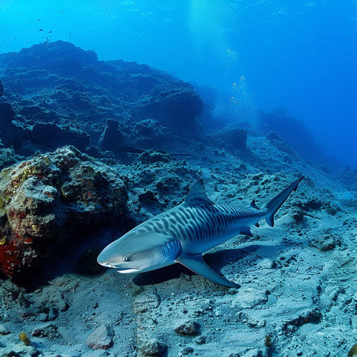 Tiger shark exploring near volcanic underwater landscape