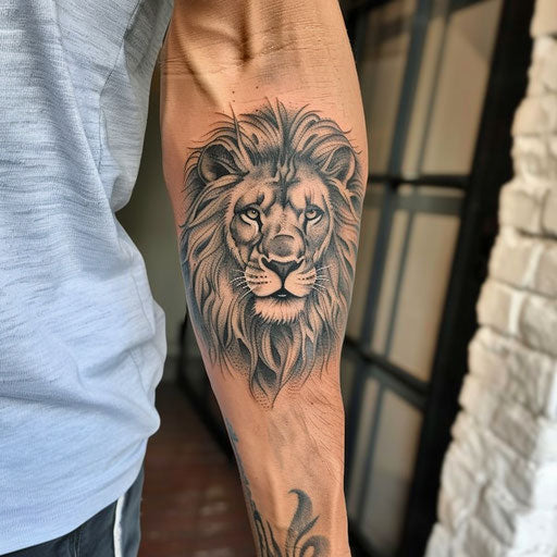 Men's forearm tattoo lion, Ami James style