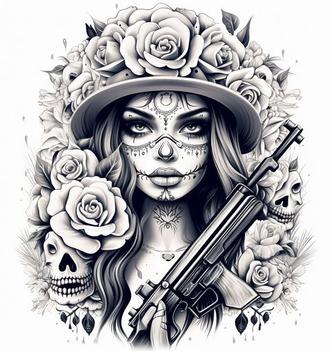 Tattoo designs with sugar skull woman with a cap, a gun