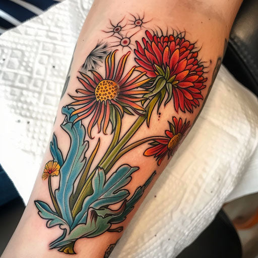 Neo-traditional dandelion tattoo with bold lines and vivid colors