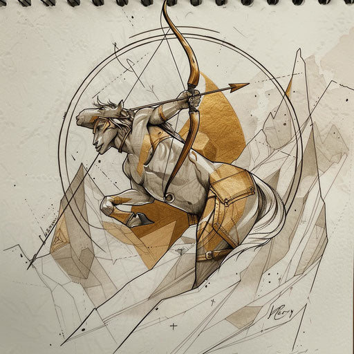 Flat tattoo of Sagittarius, centaur archer, earth tones mountains