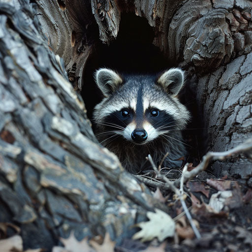 Raccoon peering from den entrance under giant tree root, early morning.
