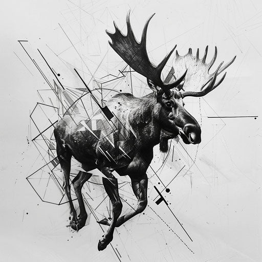 Dynamic flat tattoo sketch of a moose in mid-stride with abstract geometric elements