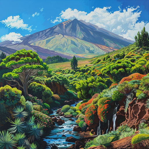Mount Teide, Canary Islands with lush greenery and flowing streams, in the style of Ted Gore