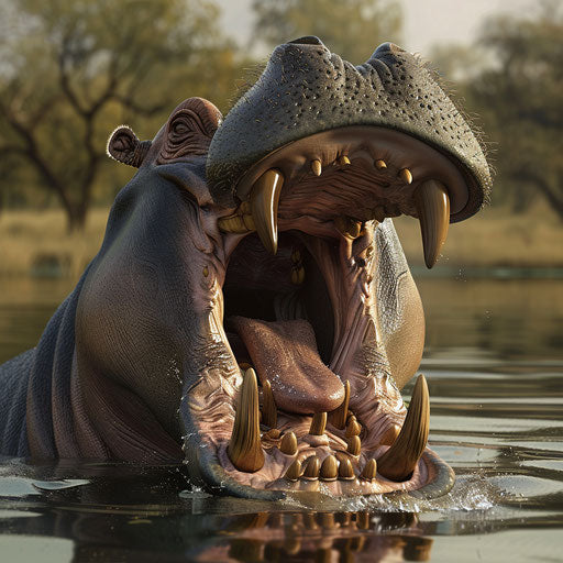 Wide open powerful jaws of a hippo showcasing teeth