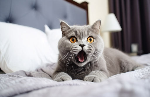 Grey cat on bed in living room stock photo