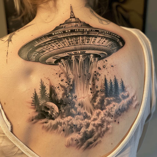 Hyper-realistic UFO tattoo of a detailed alien spacecraft entering Earth's atmosphere