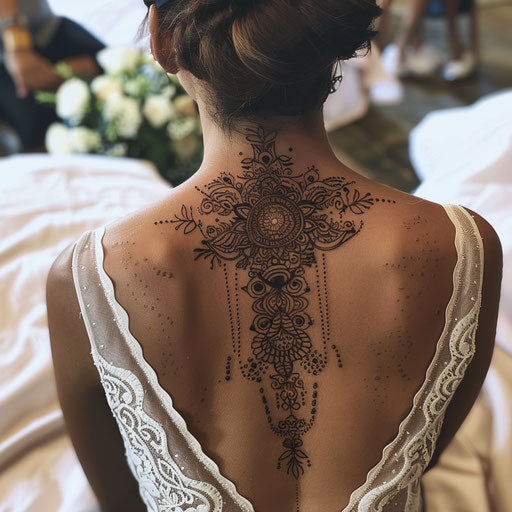 Elegant henna-inspired spine tattoo, intricate patterns in brown ink on white parchment