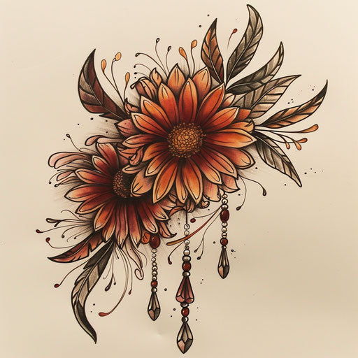 Bohemian tattoo sketch of an aster flower intertwined with feathers and beads in earth tones