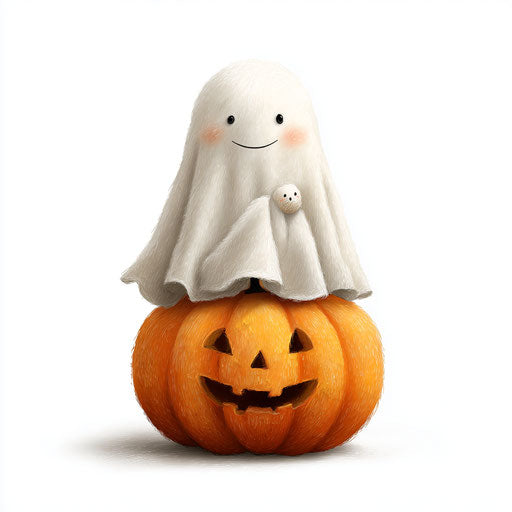 A friendly ghost sitting on a carved pumpkin