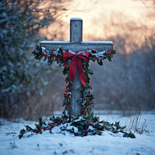 Wooden cross adorned with holly and ivy in the snow