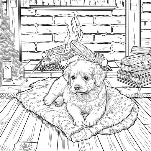 Puppy on blanket by the fireplace