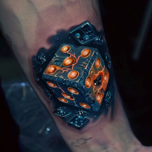Dice tattoo with sci-fi aesthetics, in the style of J.P. Targete