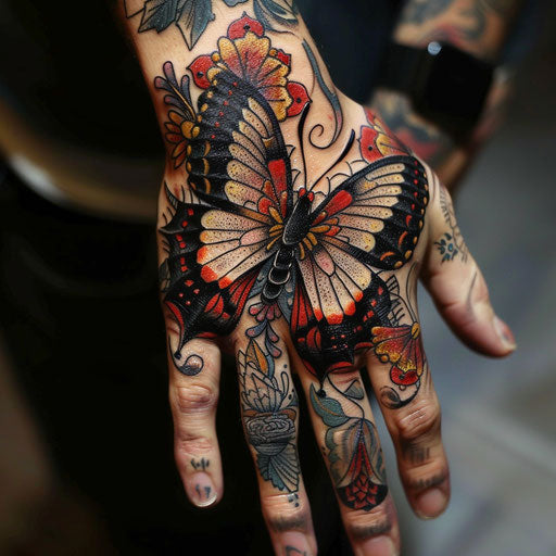 Butterfly hand tattoo with whimsical themes