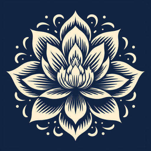 Lotus flower blackline drawing, woodcut-inspired graphics