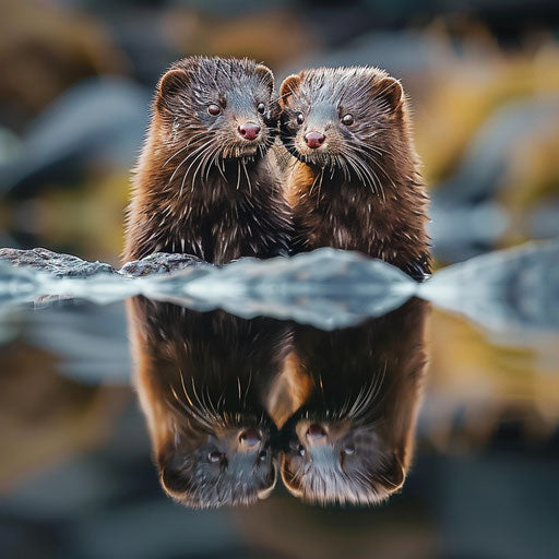 A wild mink peering curiously at its own reflection in a calm, mirror-like mountain lake