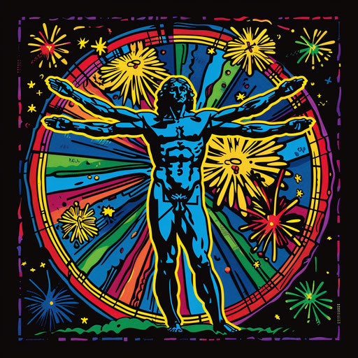Festive Vitruvian Man with fireworks