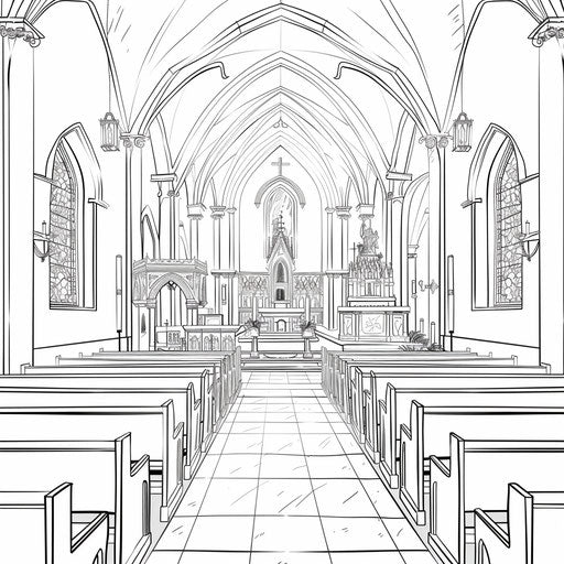 Detailed interior of a church with pews and an altar